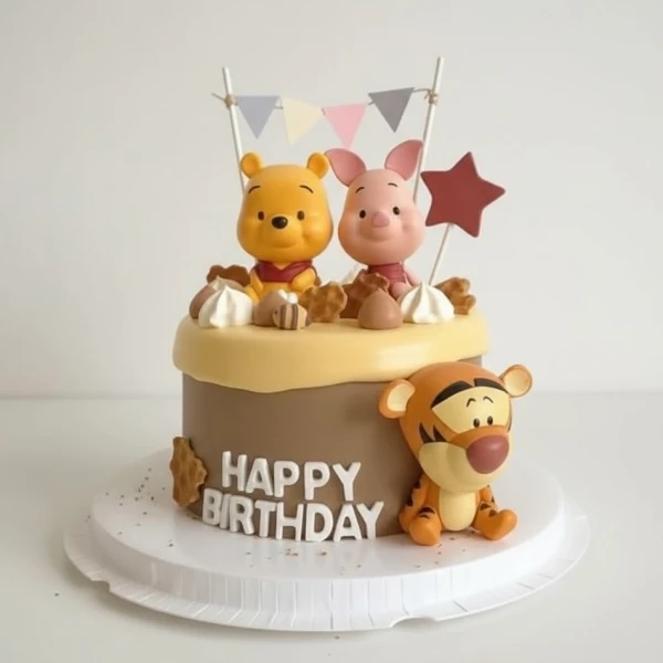Winnie the Pooh and Piglet cake with Tigger figurine and "Happy Birthday" text.