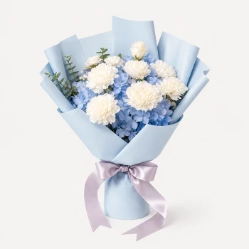 1 Blue Hydrangea, 12 White Carnations, and Eucalyptus Leaves