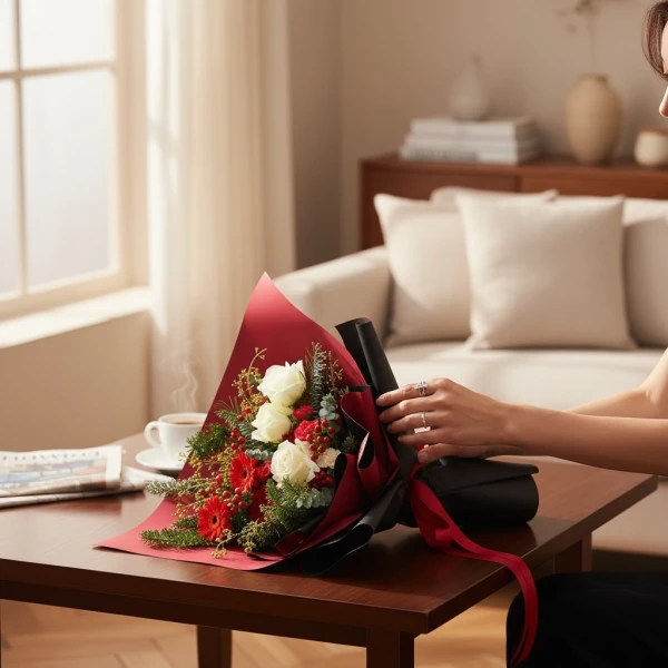 A hand holding a red and black wrapped bouquet of white roses, red gerberas, and pine on a table.