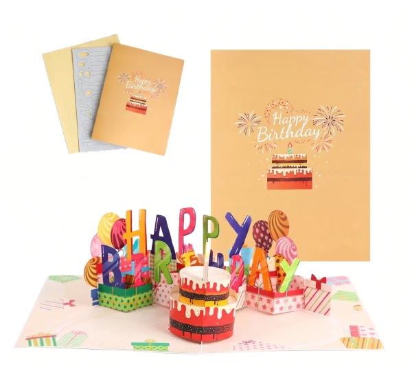 Pop-up birthday card with "Happy Birthday" text, a cake, balloons, and gifts.