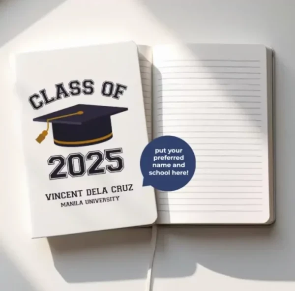 Graduation journal with "Class of 2025" and personalized name and school.