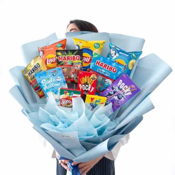 A snack bouquet with chips, candies, and Pocky sticks wrapped in light blue paper.