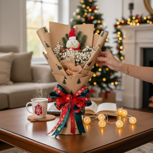Christmas bouquet with a snowman centerpiece, red bow, and festive wrapping paper.