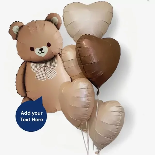 Brown teddy bear balloon with a checkered bow, surrounded by six heart balloons in beige and brown shades.