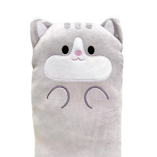 Grey plush cat pillow with cute embroidered face and ears, 60cm long.