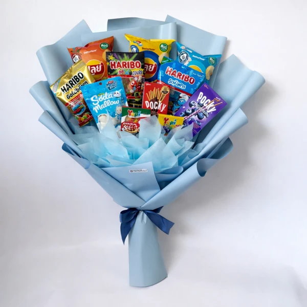 Blue snack bouquet filled with chips, candy, and cookies.