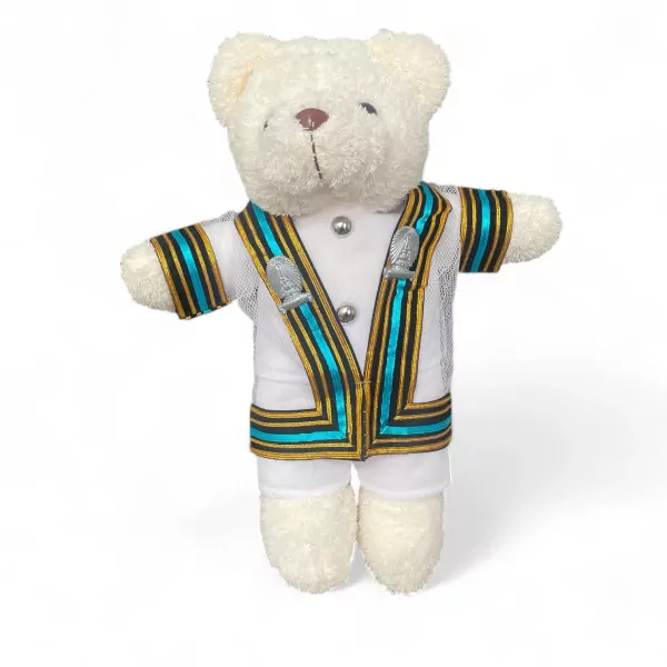 White teddy bear wearing a Chulalongkorn University graduation gown with blue and gold trim.
