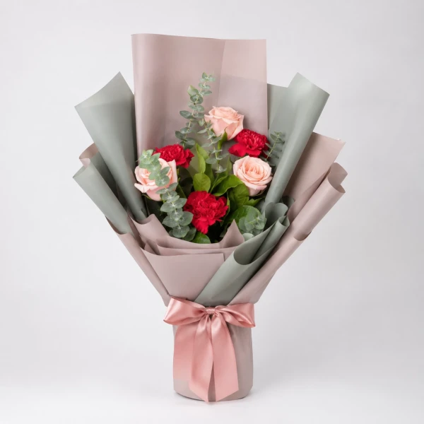 Silver Melody bouquet with pink roses, red carnations, and eucalyptus, wrapped in paper with a pink ribbon.