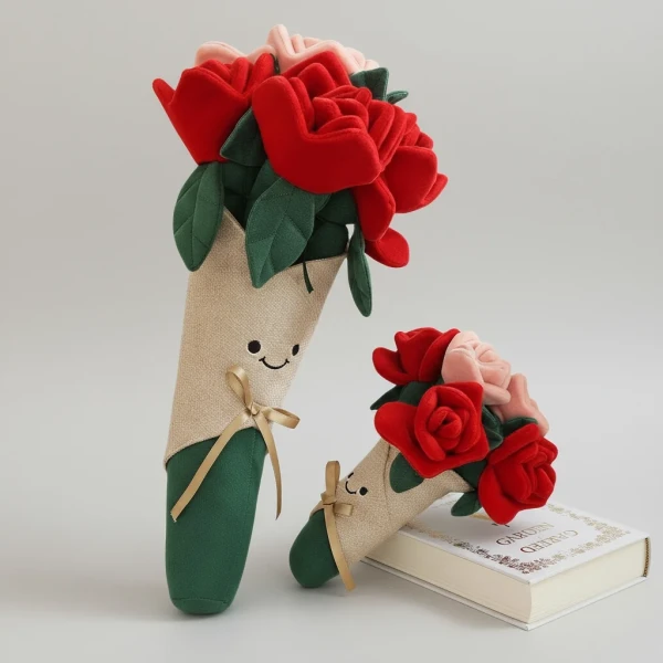 Two plush bouquets of red and pink roses with smiling faces on burlap cones.