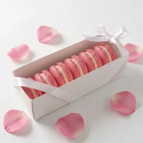 Pink macarons in a white gift box tied with a ribbon, surrounded by rose petals.