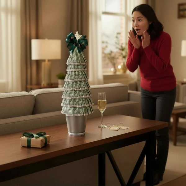 Woman surprised by a Christmas tree made of money, a champagne flute, and a gift.