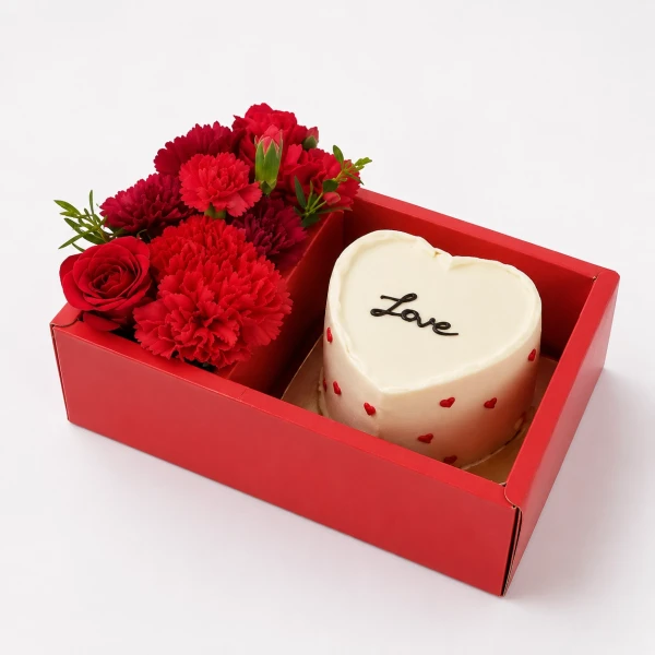 Heart-shaped vanilla strawberry cake with "Love" written on top, next to a bouquet of red roses and carnations in a red gift box.