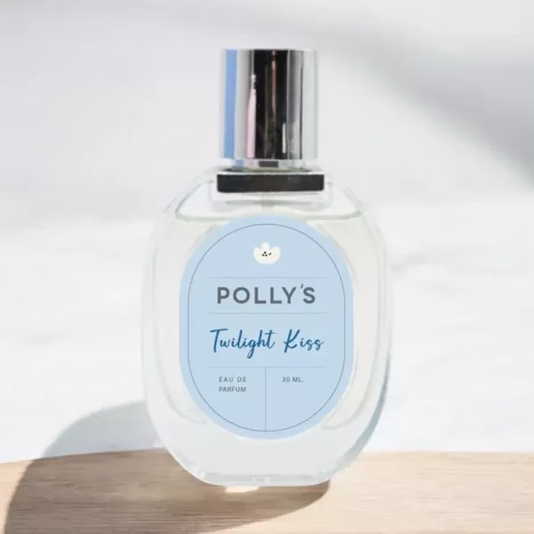 Polly's Twilight Kiss Eau de Parfum bottle with a light blue label and silver cap.