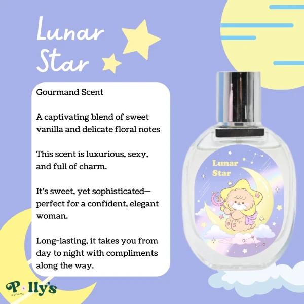 Lunar Star perfume bottle with cute bear illustration on a pastel background.