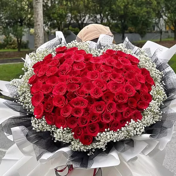 Heart-shaped bouquet of 99 vibrant red roses with delicate white gypsophila.