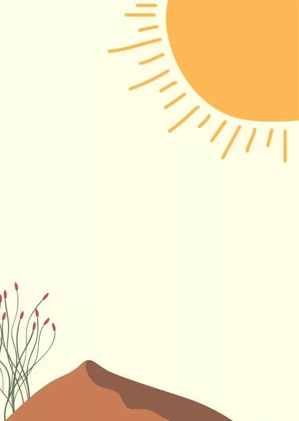 Illustration of a stylized desert landscape with a sun and sparse desert plants.