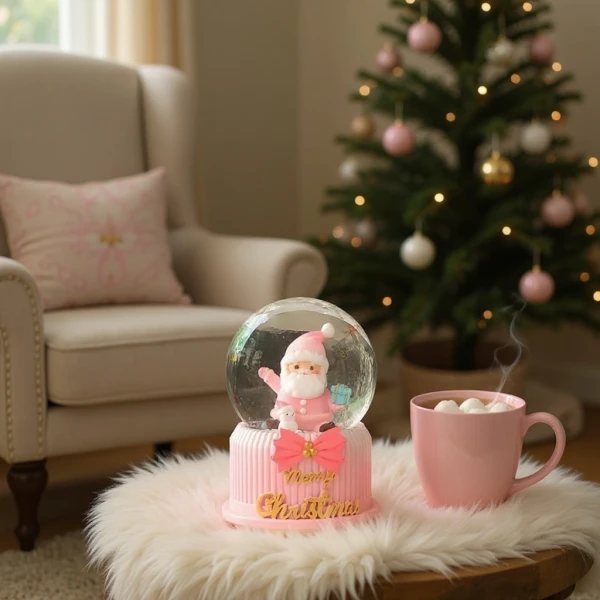 Pink Santa Christmas Crystal Ball with steaming mug of hot chocolate.