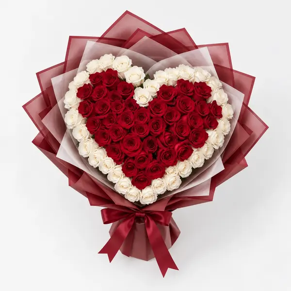 99 Red and White Rose Heart Bouquet 2