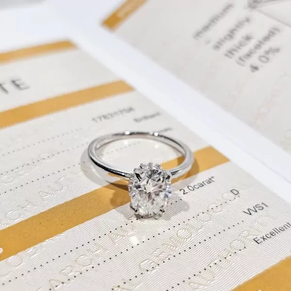 Oval-cut moissanite ring with certificate detail.
