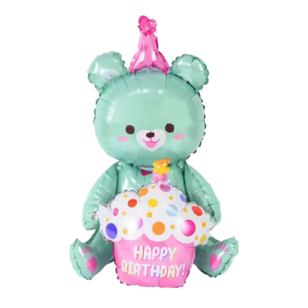 Mint green bear balloon wearing a pink party hat, holding a cupcake with "Happy Birthday" text.