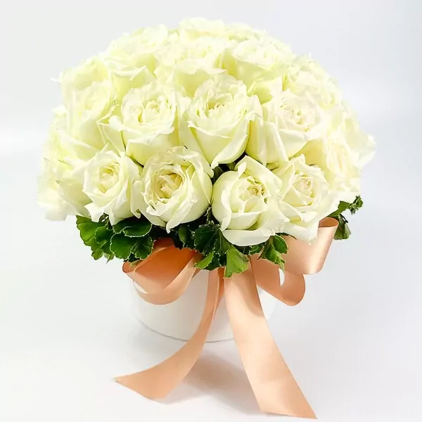 A round white box filled with 25 white roses, adorned with a peach ribbon.