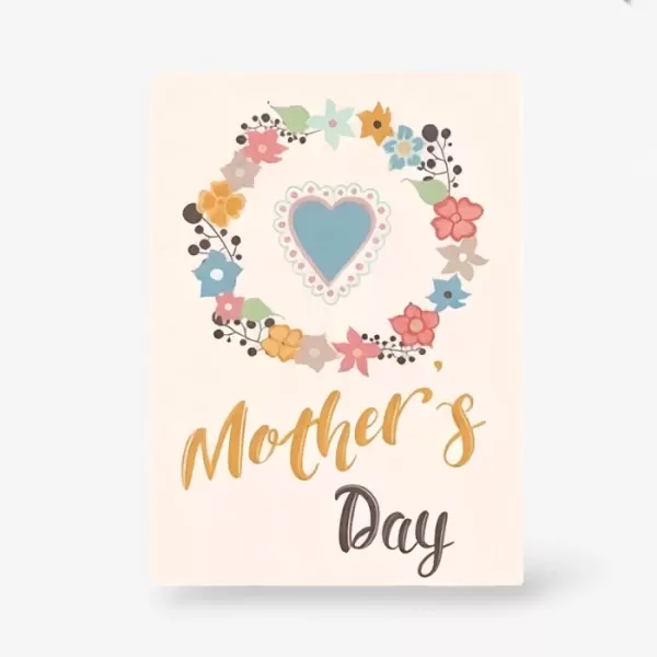 Mother's Day card with a floral heart wreath and "Mother's Day" text.