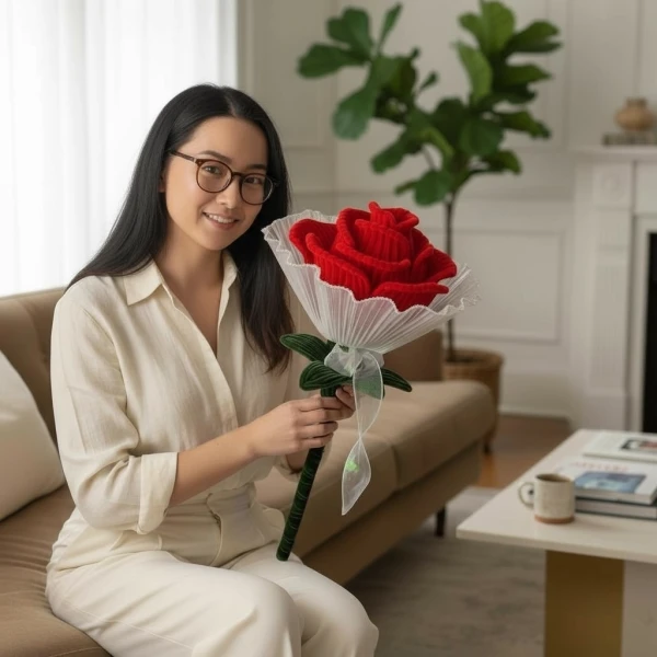 Woman holding a large red velvet rose with a white pleated skirt and green stem, seated on a sofa.