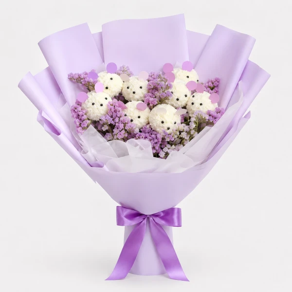 A bouquet of white teddy bear-shaped flower arrangements with purple and pink ears, wrapped in lavender paper and tied with a purple ribbon.