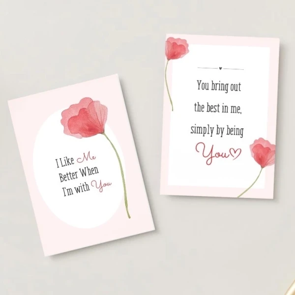 Two pink love cards with red poppies and romantic messages.