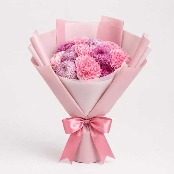 Pink and purple carnations and mums arranged in a bouquet, wrapped in pale pink paper with a satin bow.