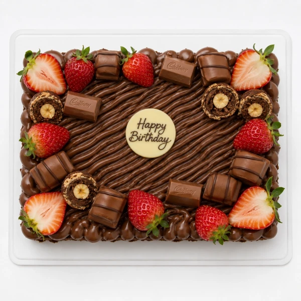Chocolate brownie cake topped with strawberries, chocolate, and a "Happy Birthday" topper.