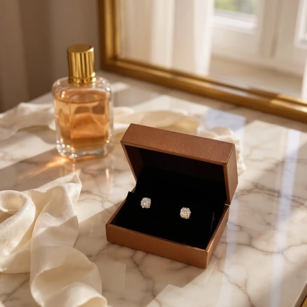 Square jewelry box with two diamond earrings next to a perfume bottle and sheer fabric.