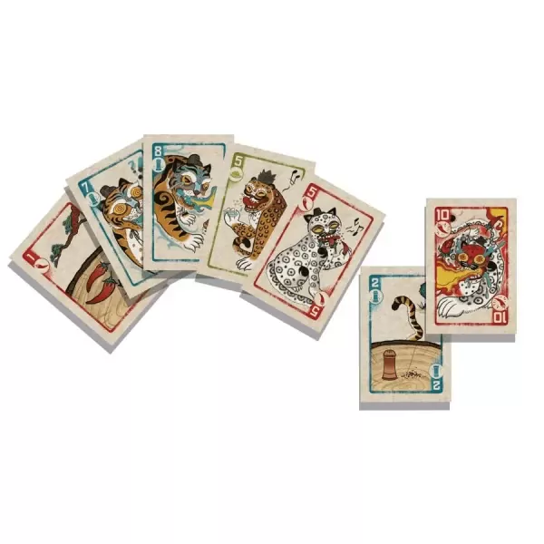 Cards from the game Spicy, featuring illustrated cats with numbers and chili peppers, arranged in a fanned and overlapping pattern.