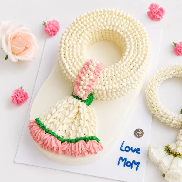 A cake decorated like a Thai jasmine garland with pink and white buttercream.