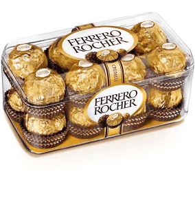 Ferrero Rocher chocolates in a golden box, featuring hazelnuts, crispy wafers, and chocolate.