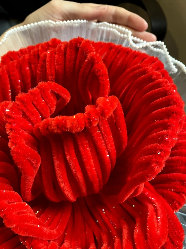 Close-up of a large, red velvet rose with glittery accents and a ruffled white trim.