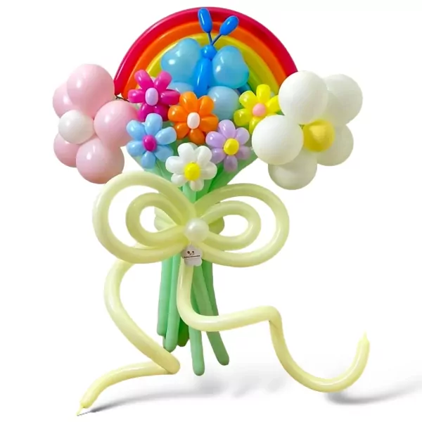 Balloon bouquet with rainbow, butterfly, flowers, and bow.
