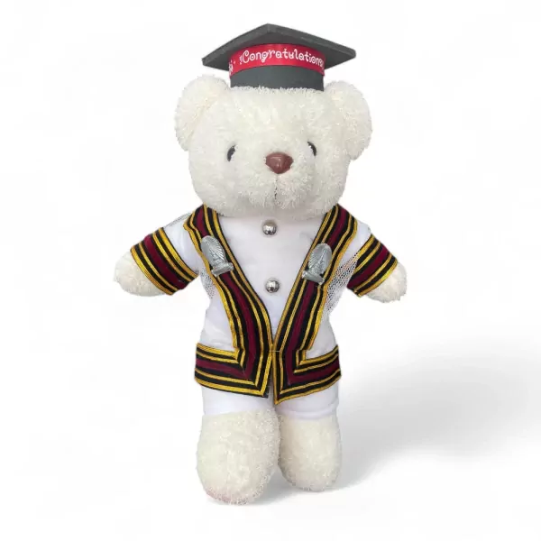 Chula Grad Bear in academic regalia, with "Congratulations" on its cap.