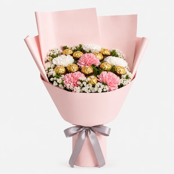 Pink and white carnations with Ferrero Rocher chocolates in a pink bouquet.