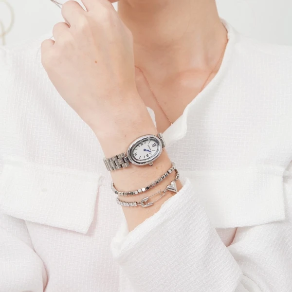 oval stainless steel watch in premium Ivory and Rosy, driven by high-precision Japan Quartz with 30m water resistance.