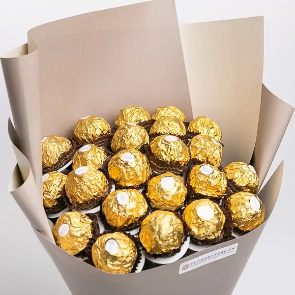 Bouquet of 22 Ferrero Rocher chocolates wrapped in gold foil.