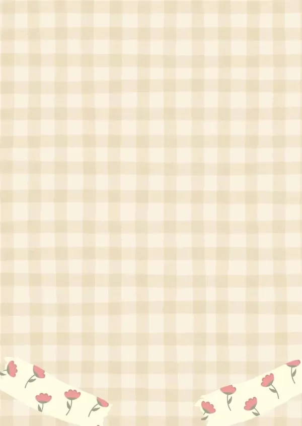 Light beige gingham background with two strips of decorative tape with pink flowers at the bottom.