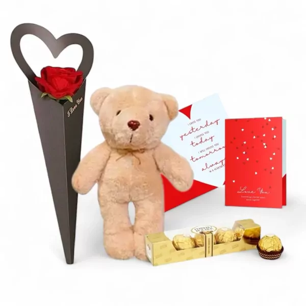 A teddy bear, red rose, Ferrero Rocher chocolates, and two love cards on a white background.