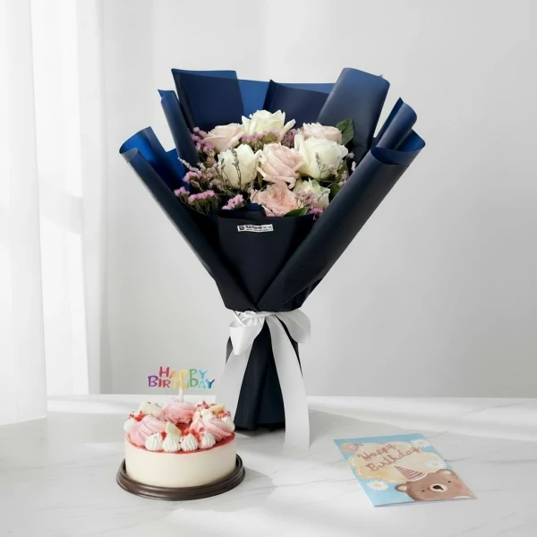 Birthday combo with roses bouquet, cake with topper, and greeting card.
