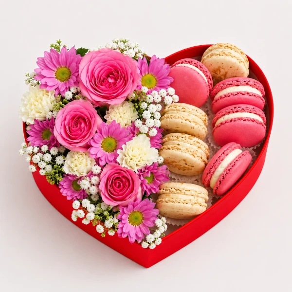 Heart-shaped box with pink macarons and pink and white flowers.