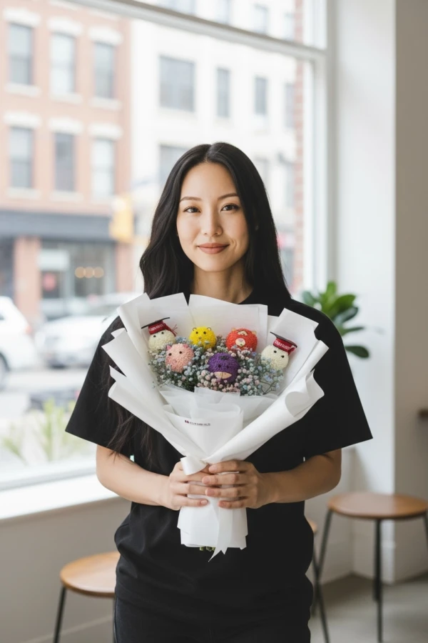 Woman holding a bouquet with small crocheted figures wearing graduation caps.