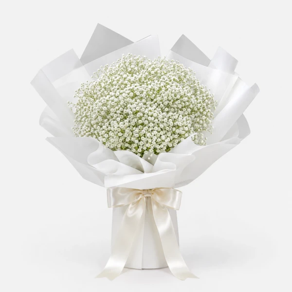 A bouquet of white baby's breath flowers wrapped in white paper and tied with a cream ribbon.