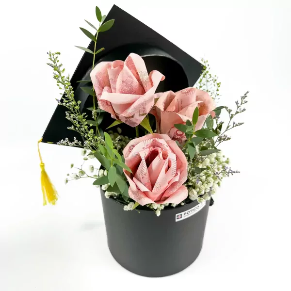 Graduation hat box with money roses, white mums, and greenery.