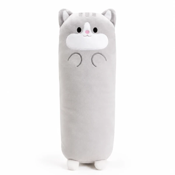 Long grey plush cat pillow with embroidered face, paws, and ears, 60cm.