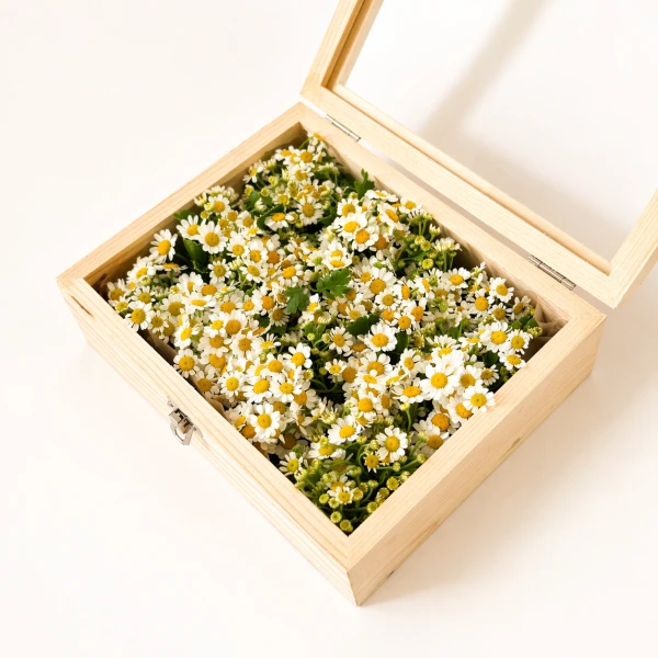 Wooden box filled with white and yellow camomile daisies, with a clear lid.